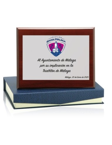 PLACA, MADERA Y ESTUCHE 11 X 7 CM PLATA